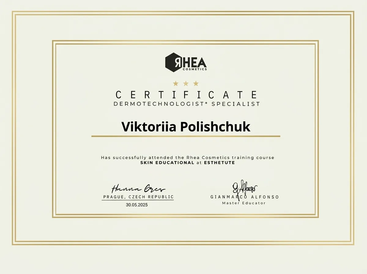Certifikát Rhea Cosmetics — Dermotechnologist Specialist
