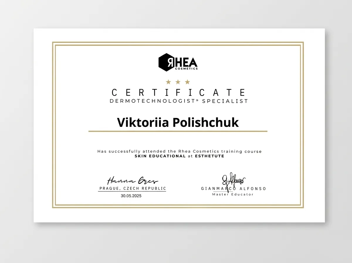 Certifikát Rhea Cosmetics — Skin Educational at Esthetute